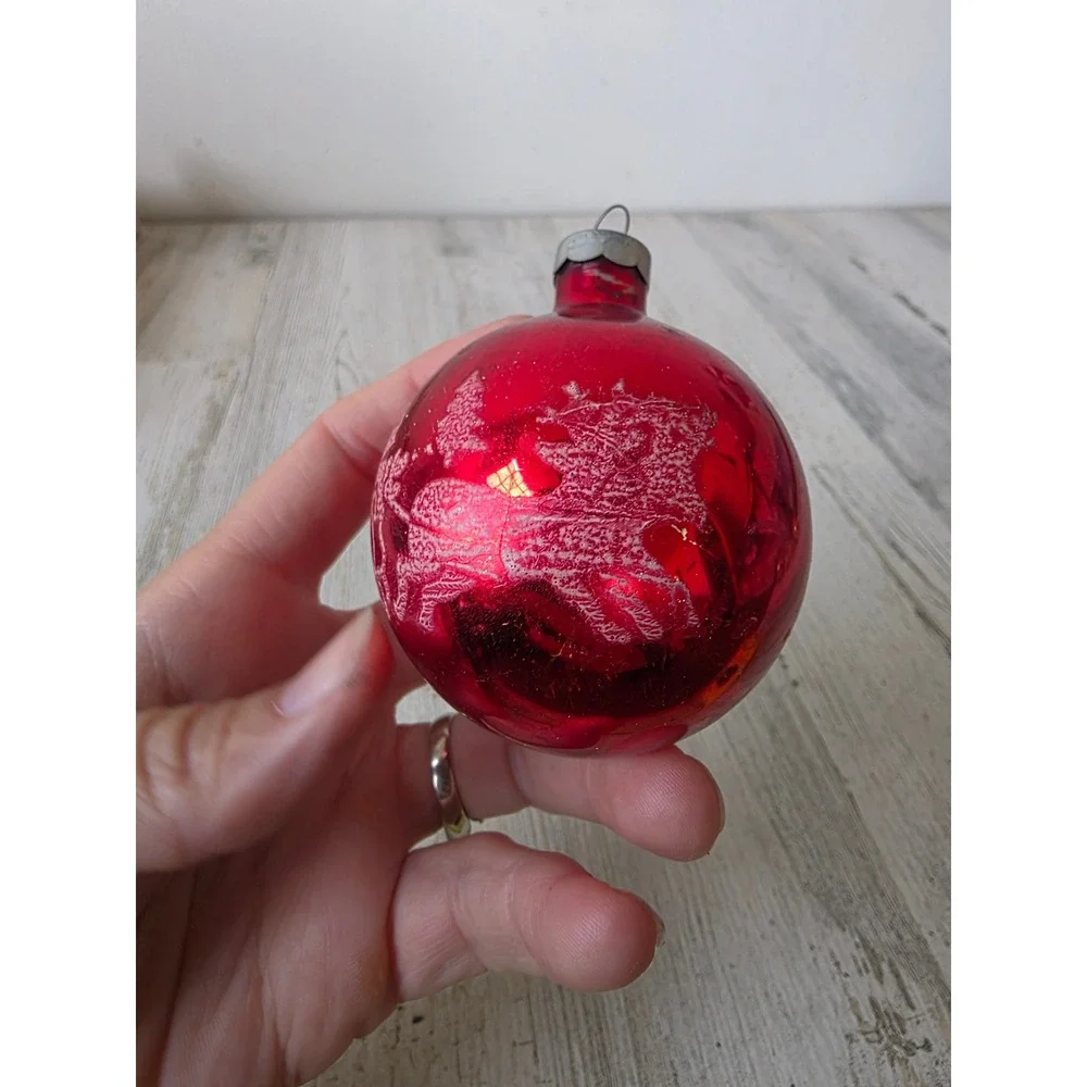 Vintage red Santa dear stencil glass ornament reindeer scene Xmas tree